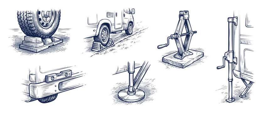 RV leveling jacks stabilizer wheel chocks set illustrated in hand drawn sketch style for motorhome, camper trailer setup, and stability equipment, vector line art icon collection for camping safety.