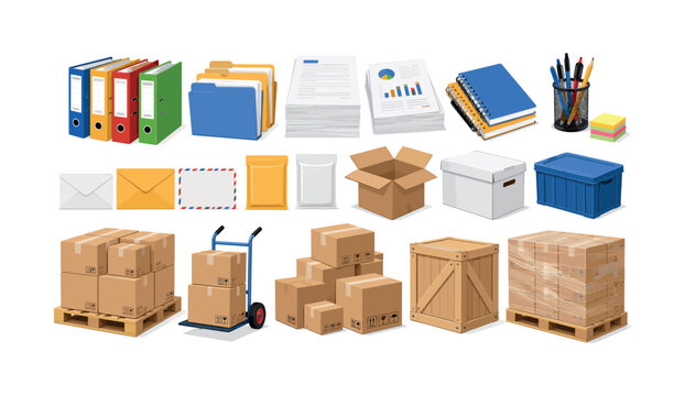 Office stationery documentation shipping packing cargo blocks options choices lines pallets, folder, file, document, envelope, box