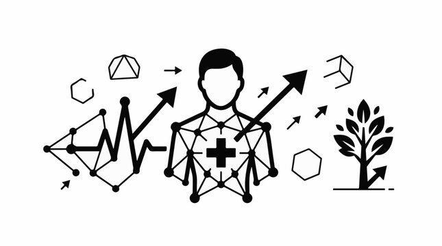 A faceless person with a medical cross, surrounded by geometric shapes and a growing plant