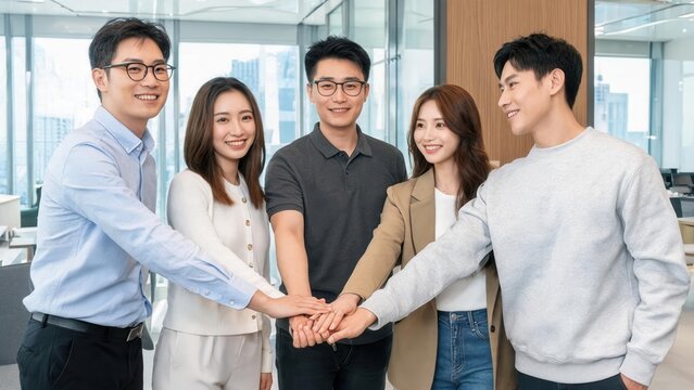 Five people joining hands in office