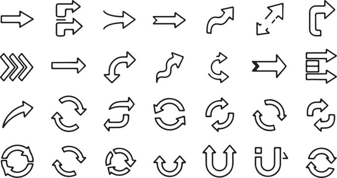 Collection of minimalist black line arrow icons including curved, straight, circular, and multi-directional symbols for navigation and interface design