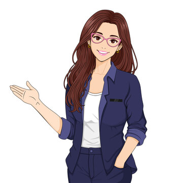 Beautiful young businesswoman with glasses posing and gesturing present something