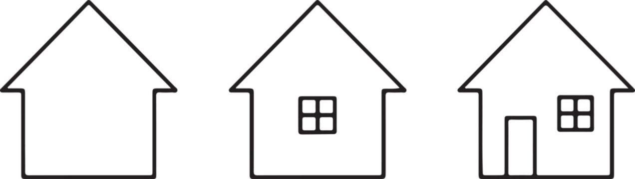 Minimalist outline vector illustration of three distinct house shapes representing residential home progression and architectural structure development