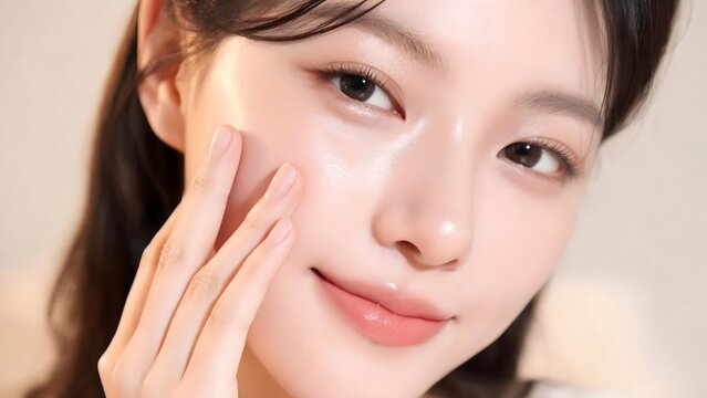 Closeup of woman touching her face