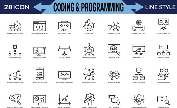 Software development line art icons set, process monitoring, query builder, runtime environment, schema design, session store, Web icon, App icon, Outline icon, Editable stroke, line art, Vector EPS