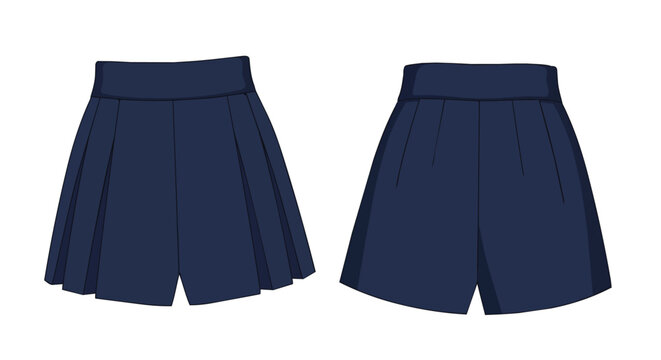 Dark Navy Blue High Waisted Pleated Mini Skirt and Shorts for School Uniform Front and Back View Fashion Set