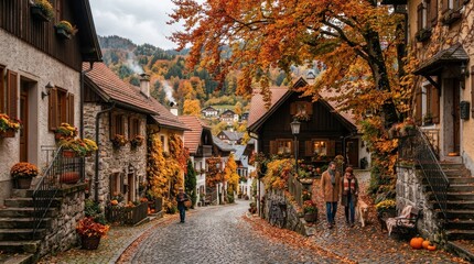 Obraz premium Autumn village street scene houses trees fall colorful neighborhood. Road european cozy landscape architecture season scenic