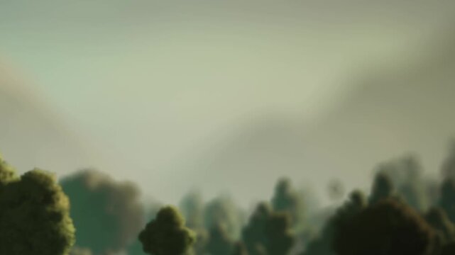 Trees fill the foreground as hills rise in the background. The light is dim, creating a sense of dusk. The colors blend softly, showing a transition from day to night.