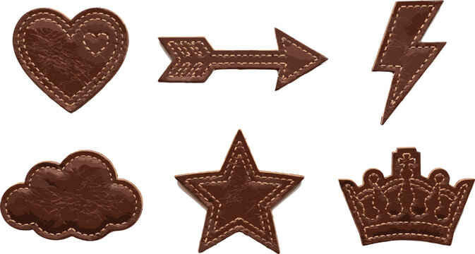 Brown leather patches vector set featuring stitched embroidered shapes including heart arrow lightning bolt cloud star and crown badges