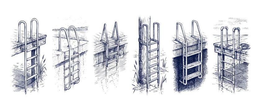 Dock ladder sketch set illustrations of wooden pier steps, harbor swimming handrails, and marine dock steps in hand drawn engraving style for technical vector design, nautical vintage blueprint art.