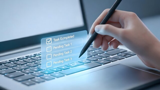 Hand using stylus on laptop with task list
