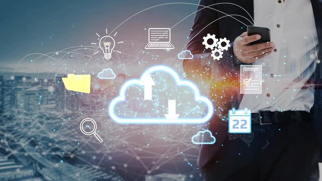 Businessman Using Smartphone with Cloud Concept Digital Graphics Representing Technology, Data Management, and Connectivity in Urban Environment. Entropy.