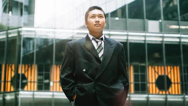 Confident Indonesian businessman in suit standing by office building