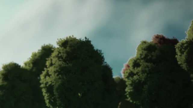Tall trees are visible against a blue sky with scattered clouds. The scene shows a typical daytime outdoor environment with greenery and natural light.