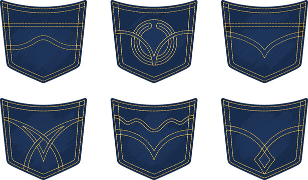 Classic blue denim jeans pocket vector set featuring various yellow stitched decorative embroidery line patterns and textile textures