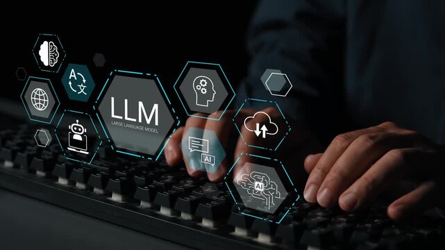 Close-up of Hands Typing on a Keyboard with Icons Representing Artificial Intelligence, Language Models, and Technology Integration in the Digital Age Gluon.