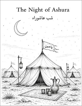 Muharram, Bazaar of Shaam, Karbala, Ashura, Islamic history, black and white illustration, Shaam, historical procession, Islamic coloring page, line art, Muharram drawing, Karbala history, Muharram 