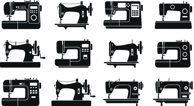 Domestic and industrial apparel sewing machine black glyph icon collection for fashion production tailoring workshop vector silhouette illustration
