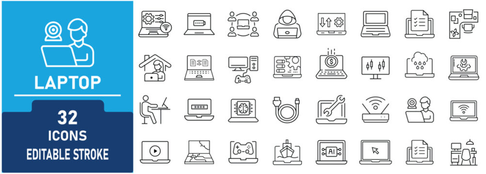 Laptop Line Icon Set. Contains icons related to laptop computer, online learning, software development, gaming, internet , technology, and modern workspace. Editable stroke. Vector illustration.