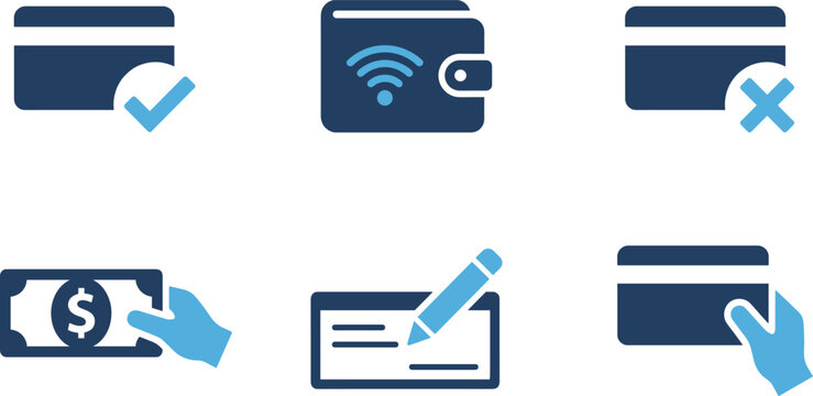Financial banking payment vector icon set featuring credit cards digital wallet bank check cash dollar and transactional interface elements