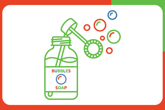 Bubble soap bottle with bubbles and wand on white background