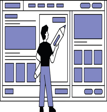 Man Holding Pencil Standing in Front of Website Wireframe