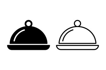 Fototapeta premium Two food cloche icons, one solid black and one outline, representing service