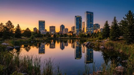 Fototapeta premium City skyline reflection at sunset landscape nature scenic outdoor travel environment sky wilderness for creative visual modern