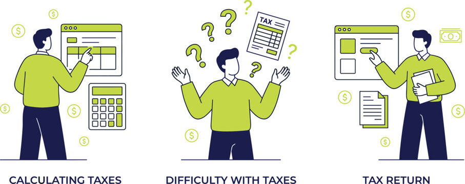 Financial tax management concept set with businessman calculating taxes dealing with difficulty and submitting tax return vector illustration