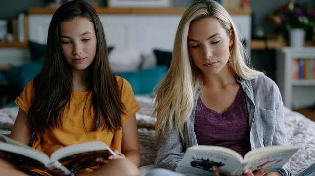 Stepmother and stepdaughter sitting back-to-back on a bedroom floor both reading different books, not quite touching but no longer avoiding contact, the quiet progress of a blended family relationsh