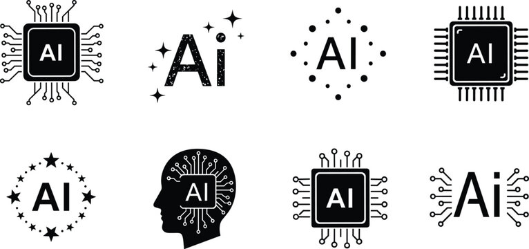 Artificial intelligence AI icon set featuring microchips processor lines human brain profile technology symbols and digital network vector designs