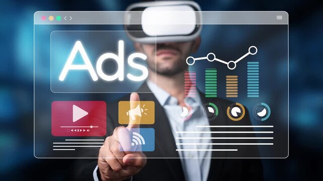 A business professional uses a virtual reality interface to explore digital marketing strategies, showcasing data analytics and multimedia content to enhance advertising effectiveness. Raster