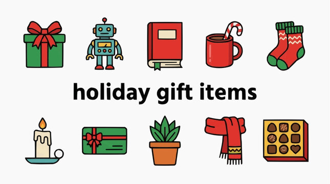 Collection of holiday gift items for the concept of Christmas and gifts.