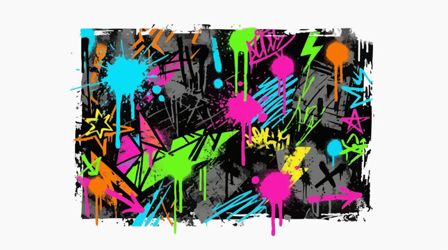 A vibrant and chaotic explosion of neon graffiti art, featuring splatters, abstract shapes, and lightning bolts, perfect for a modern and edgy design.