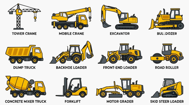 An array of yellow construction vehicles in a grid for the concept of industrial machinery.