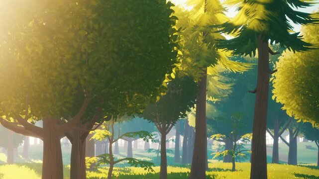 Sunlight filters through the leaves of tall trees in a forest. The scene shows various types of trees and a bright atmosphere filled with natural light.