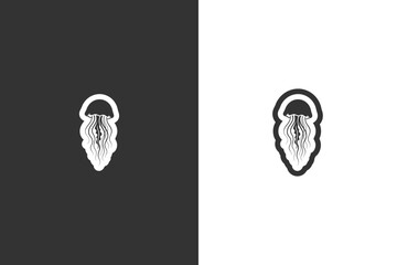 Simple jellyfish icon illustration shown on contrasting dark and light backgrounds © DzgnVibe