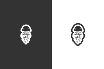 Simple jellyfish icon illustration displayed on contrasting dark and light backgrounds © DzgnVibe