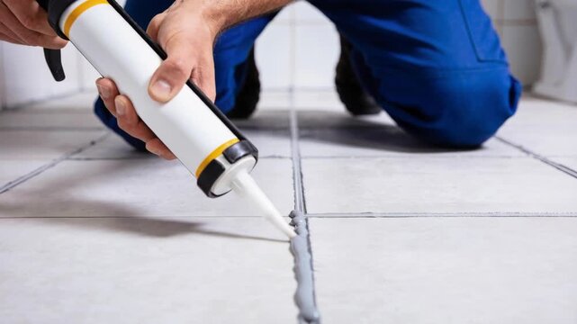 A close-up view of a professional worker applying grey sealant into the gaps between floor tiles.