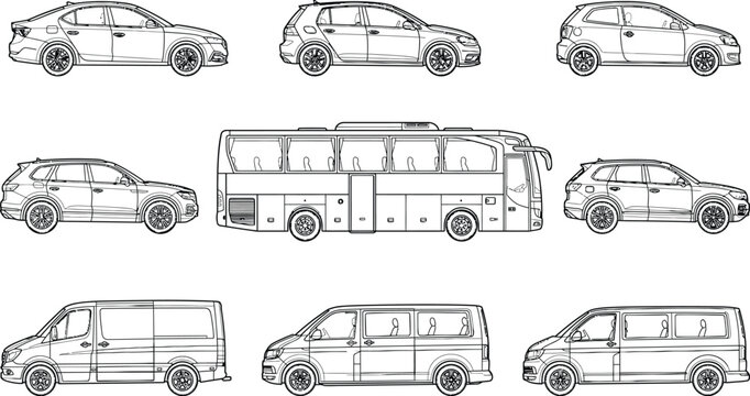 Vehicle profile vector symbols, precision CAD line art bus and car set for streetscape elevations, site plans and urban transport design