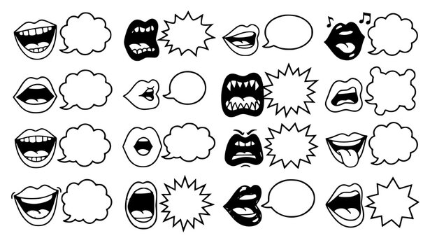 Cartoon Open Mouths with Speech Bubbles Comic Talking Character Vector Set