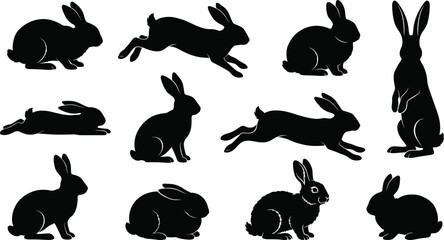 Black rabbit silhouettes set featuring bunnies and hares in various action poses like running jumping standing and sitting © PINKI