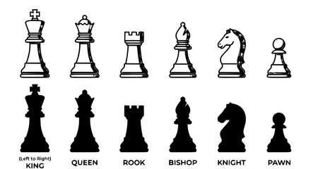 Complete Chess Pieces Vector Set with Black and White Classic Tournament Figures © MdArif