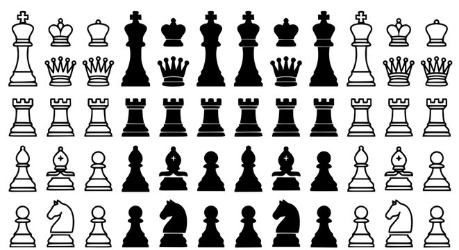 Chess Piece Outline Icons Vector Collection with Complete Black and White Set