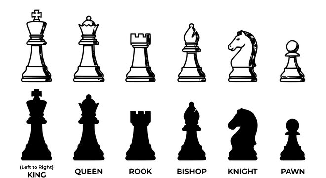 Complete Chess Pieces Vector Set with Black and White Classic Tournament Figures