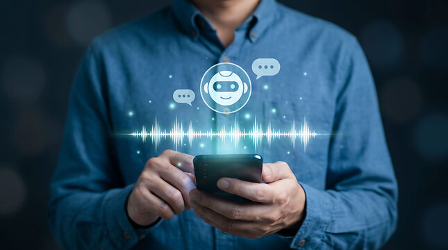 Man using smartphone AI chatbot voice assistant application with soundwave