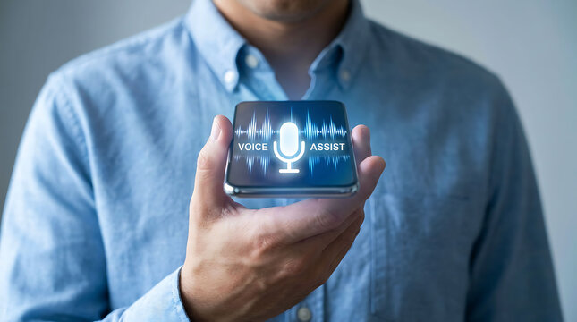 Man holding smartphone with voice assist smart assistant application on screen