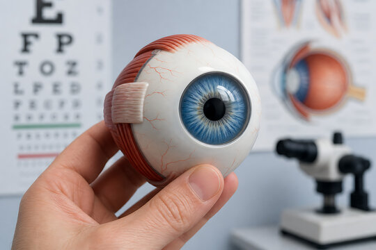 A hand holding a detailed anatomical model of a human eye in a professional clinic with medical charts and a microscope in the background