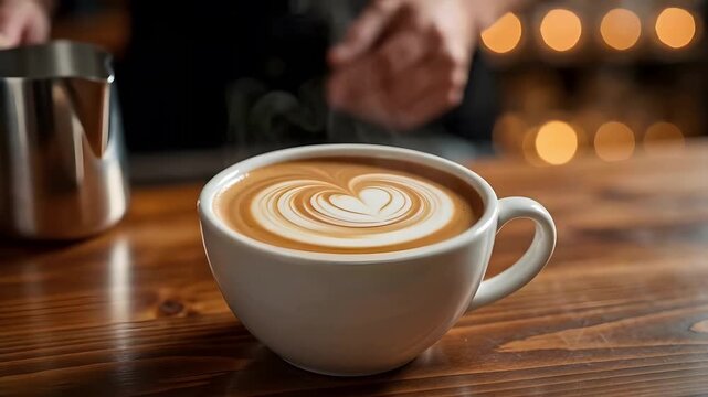 Barista pouring milk to create heart latte art in a white cup