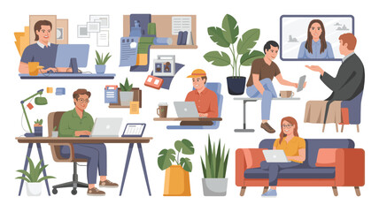 Fototapeta premium Set of 9 Flat Design Remote Work People and Office Elements Vector